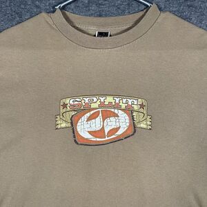 Vintage Split Shirt Mens Medium Beige Banner Logo Y2K Skate Streetwear Surf